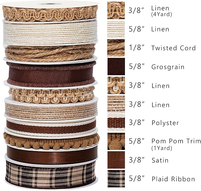 LaRibbons Natural Brown Ribbons for Crafts 10 Rolls 45 Yards TTL Thin Ribbon for Sewing Gift Wrapping Home Decor