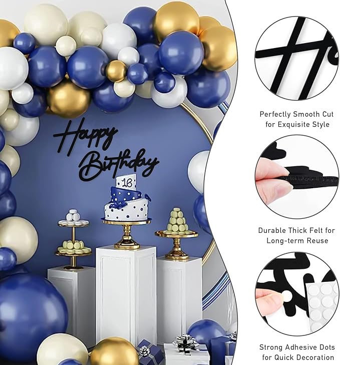 CANREVEL Happy Birthday Sign for Backdrop, Felt Black Happy Birthday Banner, Black Birthday Party Decorations for Girl Boy Women Men, Wall Decor Balloon Arch Photo Prop