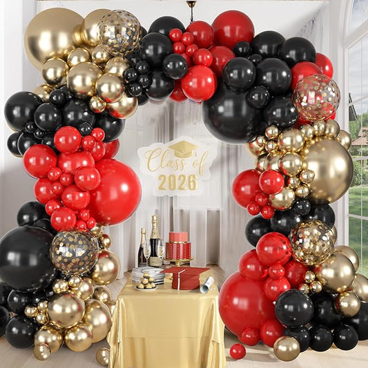 Ouddy Party 149Pcs Red Black Gold Balloon Arch Garland Kit Different Sizes 18 12 10 5Inch, 6Pcs 18” Latex Metallic Gold Confetti Balloons for Birthday Casino Night Movie New Year Party Decorations