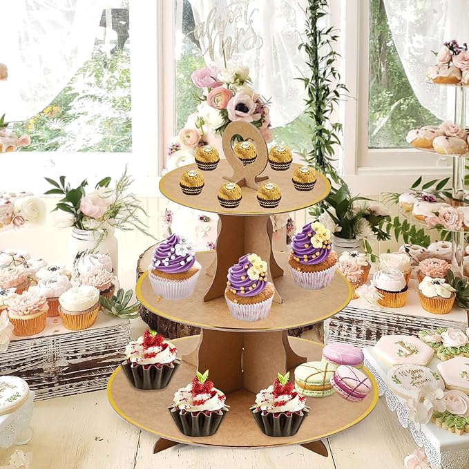 Soleebee 3-Tier Round Cupcake Stand, Cardboard Cupcake Tower, Dessert Cup Cake Stand Tower for Birthday Wedding Party Decoration, Cupcake Tier Stand 1 Set (Brown Gold)
