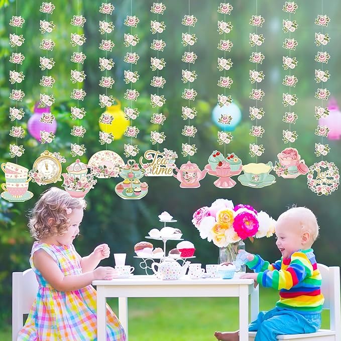 Fullhawl 12 Pack 32'' Tea Party Decorations Floral Double Sided Hanging Garland Floral Tea Party Banner Hanging Decorations for Bridal Shower Princess Birthday Wedding Favors