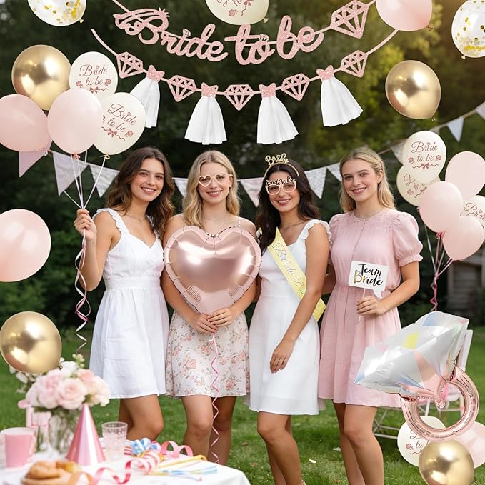 Bachelorette Party Decorations, Bride To Be Decorations, Bridal Shower Decorations with Bride to Be Banner, Bridal Sash, Fringe Curtain, Bride Glasses for Pink Bachelorette Party Decorations