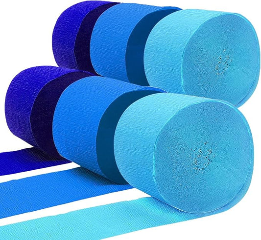 Crepe Paper Streamers 6 Rolls 492ft, Blue Crepe Paper Decorations for Birthday Baby Shower Wedding Party Decor DIY Gift Wrapping, 1.77 Inch x 82 Ft/Roll