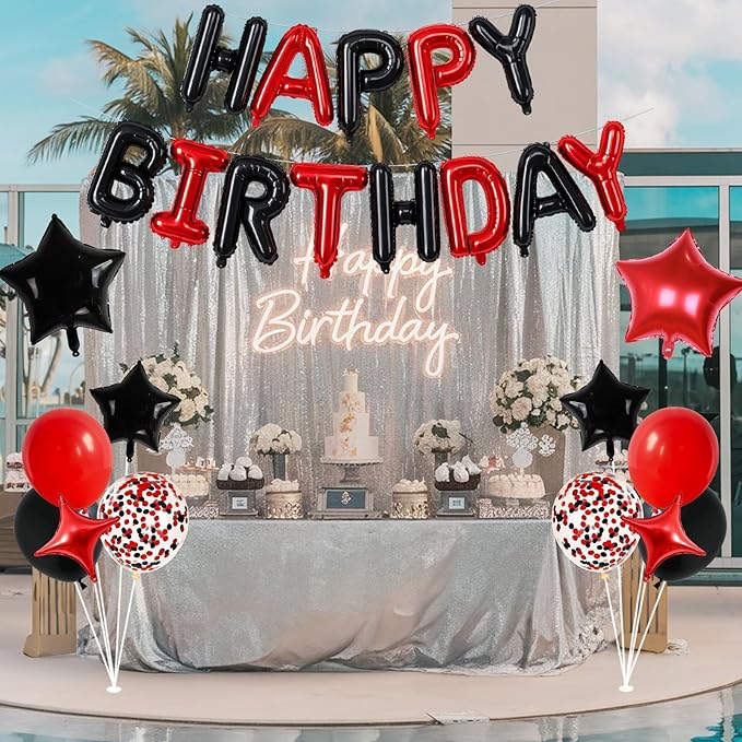 Happy Birthday Balloon Banner Red and Black, 16 Inch Mylar Foil Letter Balloons, Reusable Birthday Decorations with Black Red Balloons, Inflatable Party Supplies for Men Women Boys Girls Decoration