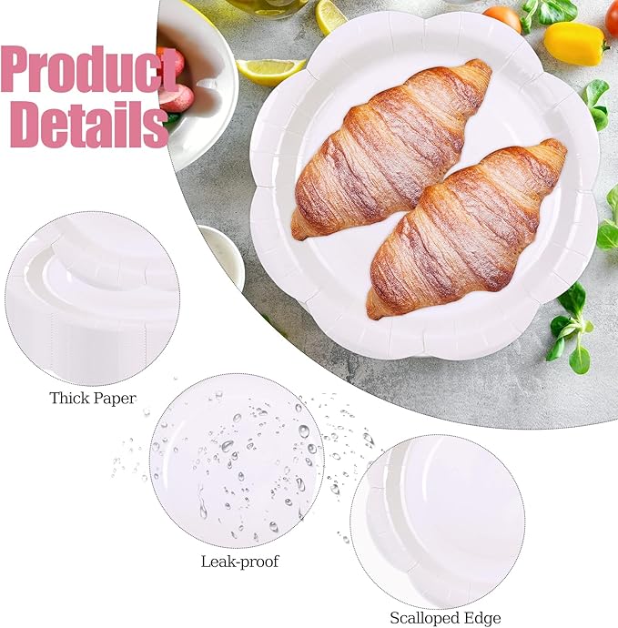 50 Pack White Paper Plates 7 Inch, Disposable Scalloped Plates Cake Dessert Plate for Dinner Baby Shower Wedding Bridal Shower Birthday Party Supplies (White, 7 inch)