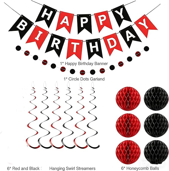 Red Birthday Decorations, Happy Birthday Banner with Honeycomb Balls, Circle Dot Garland and Hanging Swirl Decorations for Women Men Boys Girls （Red Black）
