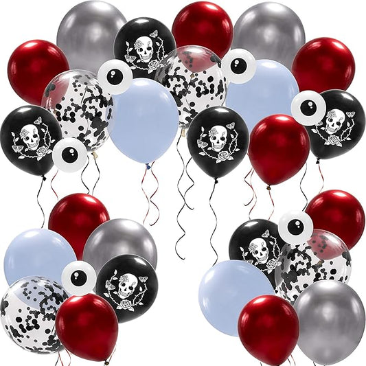 Cheerland Halloween Skull Balloons Gothic Birthday Decorations Skull Rose Decor Skeleton Party Decoration Goth Party Balloon Sugar Skull Spooky Bridal Shower Maroon Blood Balloons Photo Backdrop 34pcs