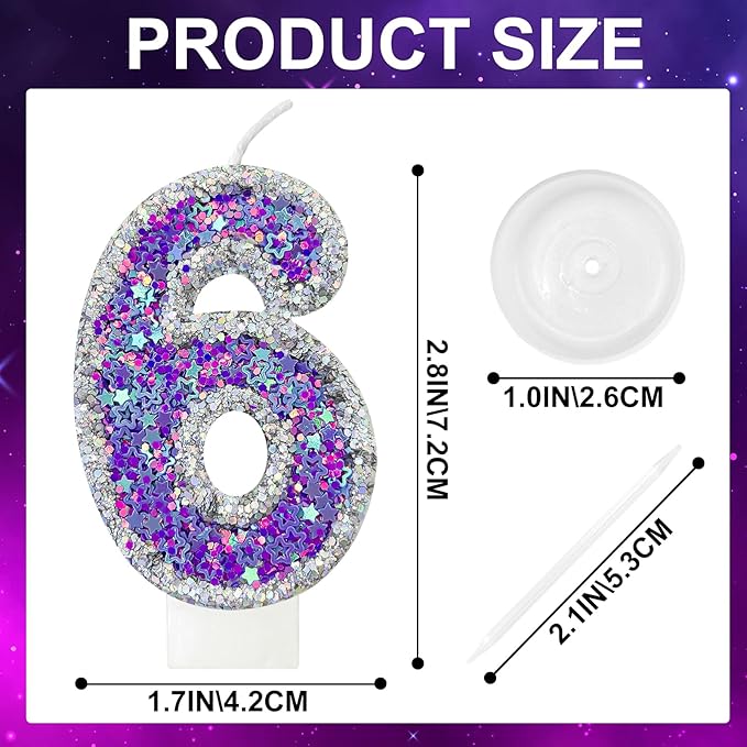 K-pop Number 6 Birthday Candle, Star Glitter Filled Number Candle, Purple Silver Fantasy Cake Topper for Birthday Party Decoration