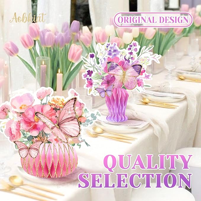 AOBKIAT Women Birthday Decorations Party Centerpieces,Large Size Table Centerpieces with Glitter Edge,Pink Purple Cardboard Honeycomb Base for Mother Day,Baby/Bridal Shower,Wedding,Gradient Vase