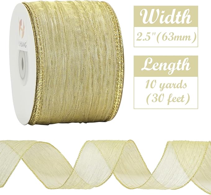 HUIHUANG Gold Wired Ribbon Crinkle Wire Edge Ribbon 2-1/2 inch Wavy Metallic Wired Ribbon for Gift Wrapping Basket Wreaths Bows Making Home Event Decor DIY Crafts Christmas Tree Top Bows -10 Yards