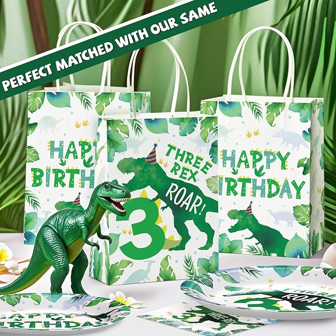 Grencian 16Pcs Dinosaur 3rd Birthday Party Favor Bags 3 Three Rex Dinosaur Candy Treat Gift Goodie Bags with Handles Three Rex Birthday Decorations for Boys 3 Year Old Party Decorations Favors Supplies