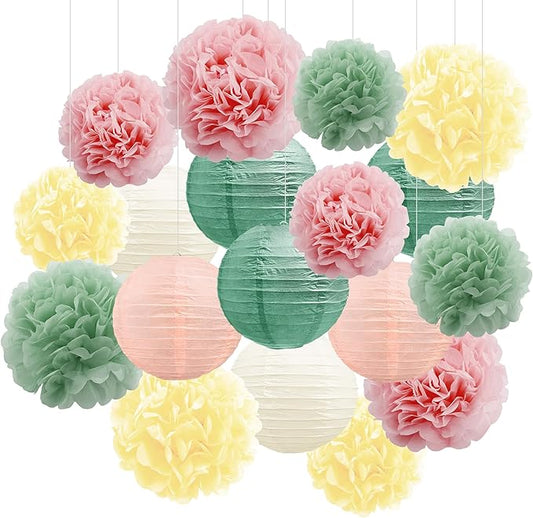BEISHIDA Pink Green Tissue Hanging Paper Flowers Lanterns Party Decorations Set for Birthday Graduation Baby Shower Bridal Bachelorette Wedding Photo Booth Backdrops Party Supplies(18 Packs)