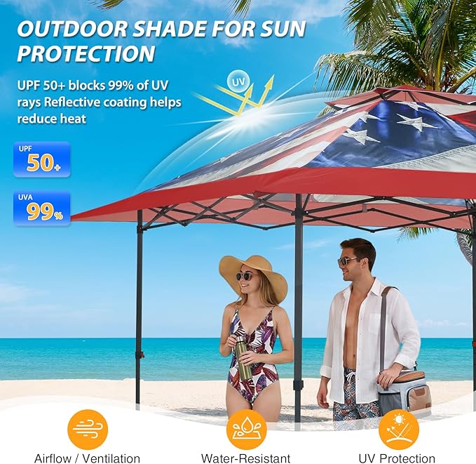 EAGLE PEAK 13x13 Straight Leg Pop Up Canopy Tent Instant Outdoor Canopy Easy Single Person Set up Folding Shelter w/Auto Extending Eaves 169 Square Feet of Shade (Stars and Stripes)