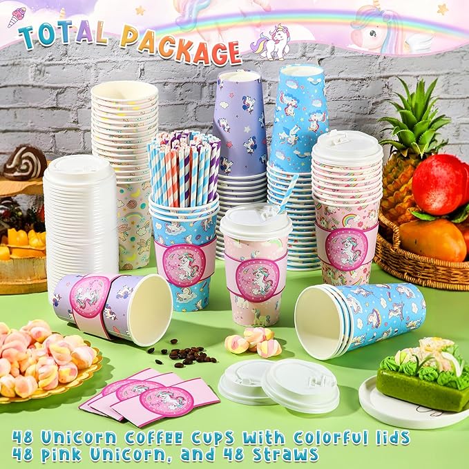 Jingmore 120 Sets 16oz Disposable Paper Coffee Cups with Lids Sleeves Straws Holiday Paper Drinking Cups Bulk for Hot Cold Beverages Home Business Cafe Birthday Party Supplies (Unicorn)