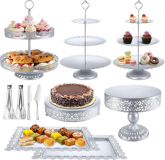Silver Cake Stand Sets, Metal Dessert Table Display Tiered Cupcake Holder Food Fruit Donut Plate Serving Tower Tray Platter With Tong, Cake Knife and Server Set For Wedding Birthday Party Decor 11PCS