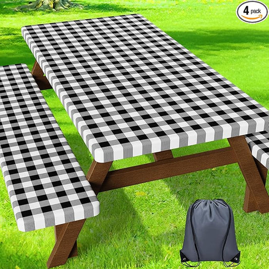 HappyTrends Fitted Picnic Table Cover with Bench Covers - 6FT Dual Layer Waterproof Camping Tablecloth with Windproof Elastic Edging & Bag, Washable RV Camping Accessories (72x30in, Black Checkered)