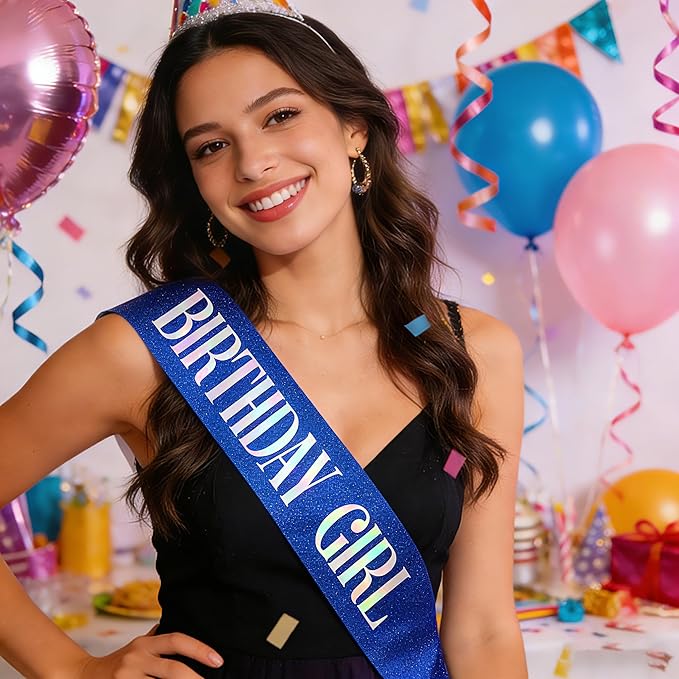 Birthday Sash for Girl, Dazzle Foil Letter Glitter Royal Blue Birthday Sash for Women Girl Kids Teenager Bday Gifts Party Favors Photo Prop