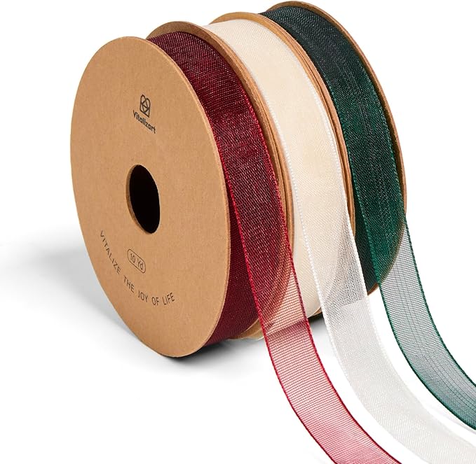 Vitalizart 3/8" x 30Yd Organza Ribbon Christmas Sheer Ribbons Set 10 Yd x 3 Rolls Red Green White Handmade Eco-Friendly for Christmas Gift Wrapping Tree Decor Bows Wreaths