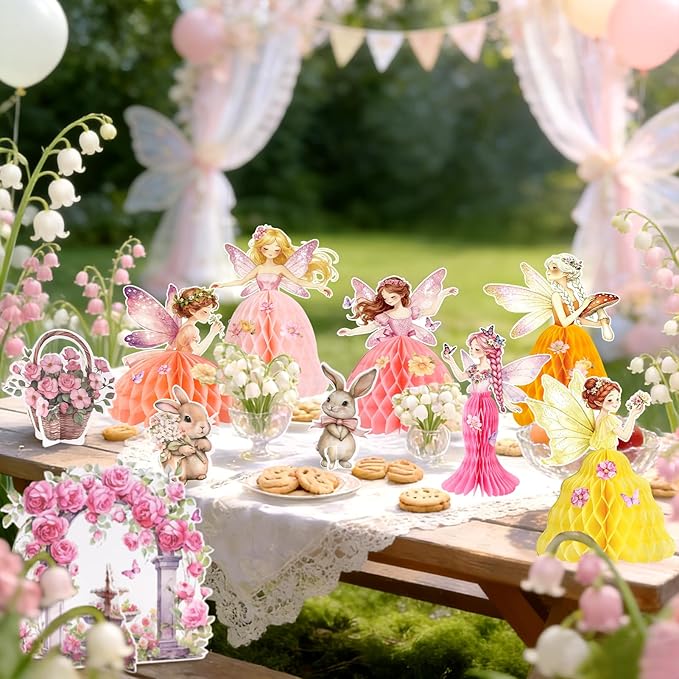 SUNBEAUTY Fairy Birthday Party Decorations Fairy First Centerpieces for Tables 3D Fairies Honeycomb Centerpieces with Rabbits Enchanted Party Table Topper for Spring Garden Woodland Forest Birthday