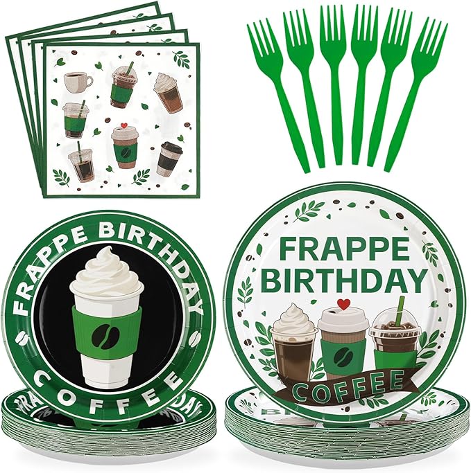 Grencian Green Coffee Birthday Party Decorations - 96Pcs Green Iced Coffee Theme Supplies Plates and Napkins Disposable Tableware Set for Latte Lover Birthday Party Decorations Serve 24