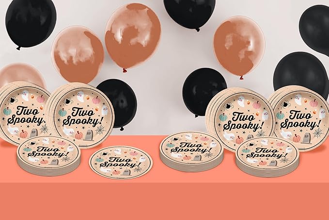Two Spooky Second Birthday - 32 Piece Disposable Party Supplies - Decorations for Halloween 2nd Birthday Round Party Plates - Large 9" Paper Plates In Bulk