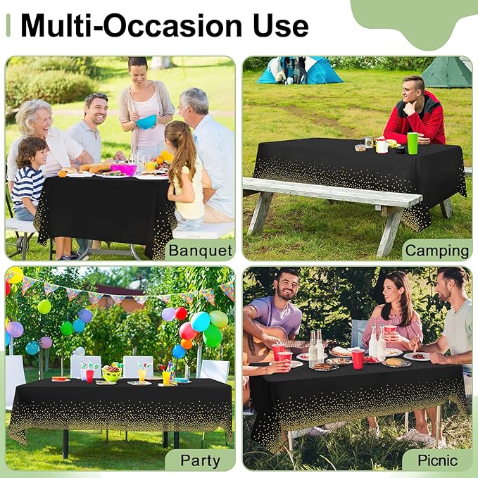 misaya 4 Packs Dot Disposable Table Cloth, 54 x 108 Inch Waterproof Plastic Tablecloth, Rectangle Gold Dots in Black Table Covers for Picnic, Birthday, Party