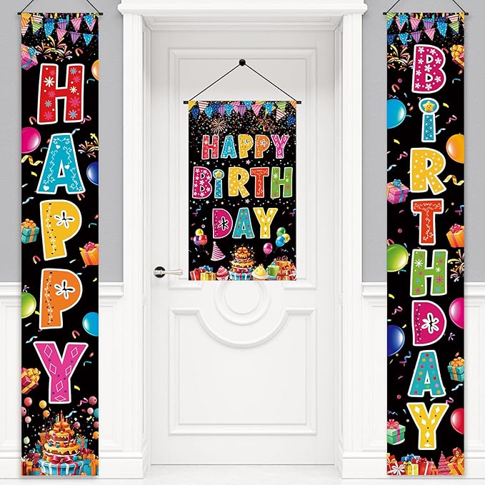 3 PCS Colorful Happy Birthday Banner Door Porch Sign Photography Black Background Party Supplies for Kids Boys Girls Birthday Party Supplies Indoor Outdoor Decor(Black)