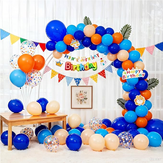 Bezente Orange and Blue Balloons Kit, 60pcs 12 inch Light Royal Blue Nude Latex Balloons Orange Confetti Helium Balloons for Kids Birthday Baby Shower Anniversary Graduation Themed Party Decorations