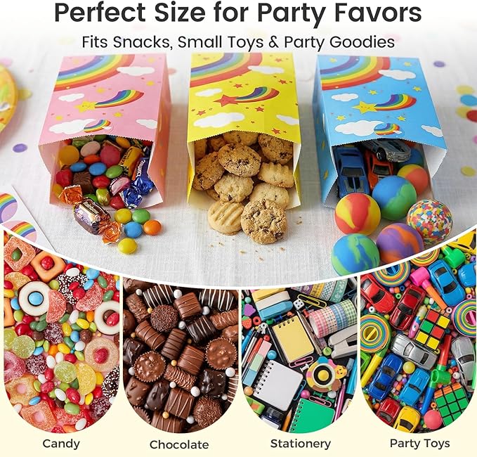 VGOODALL 24 Pack Rainbow Party Favor Bags with Stickers - 8.7"x4.7"x3.1" Colorful Cloud & Star Goodie Bags, 8 Rainbow Colors for Kids Birthday, Baby Shower & School Events
