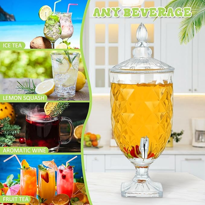 Bokon 2 Pieces Drink Dispensers for Parties Crystal Iced Beverage Dispenser with Stand and Spigot, Glass Liquid Containers Wide Mouth Beverage Server for Juice Tea Wedding(Delicate)
