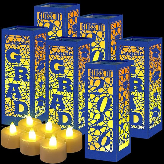 Rossesay 6 Pcs Graduation Table Centerpieces Boxes Class of 2026 Graduation Lanterns for Centerpieces with LED Candles Congrats Grad School College Photo Props for Party Table Decoration (Blue)