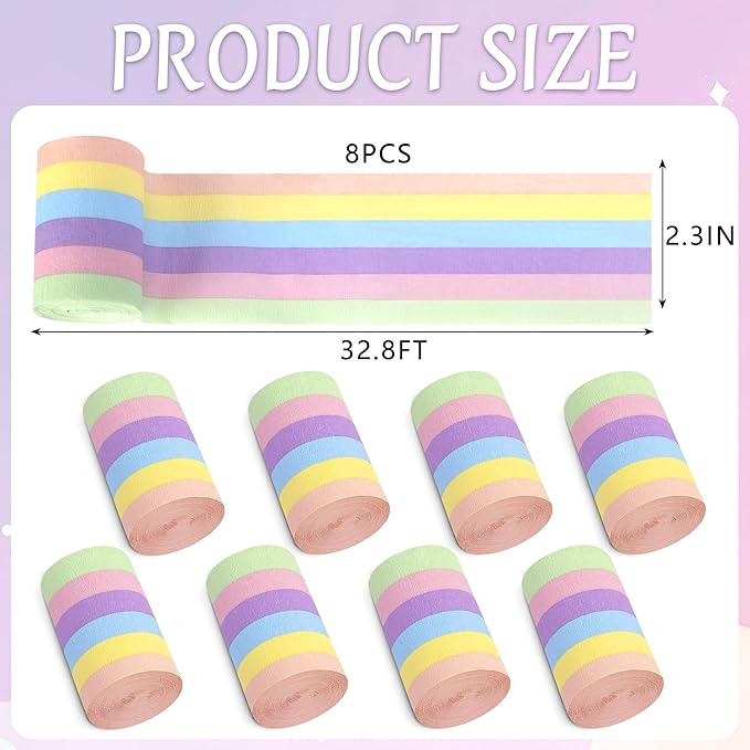 Tlswshsy 8 Rolls Pastel Crepe Paper Streamers, 6 Colors Easter Paper Streamer Decoration, 262 ft Red Macaron Crepe Streamer Rolls for Wedding Birthday Baby Shower Party Decor DIY Crafts