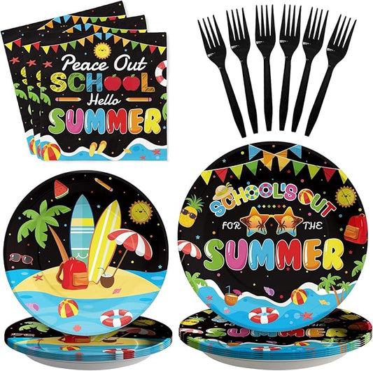 96 Pcs School's Out for The Summer Decorations Peace Out School Hello Summer Plates and Napkins End Of The School Year Tableware Set for Kids Class Of 2026 Preschool Graduation Party Supplies Serve 24