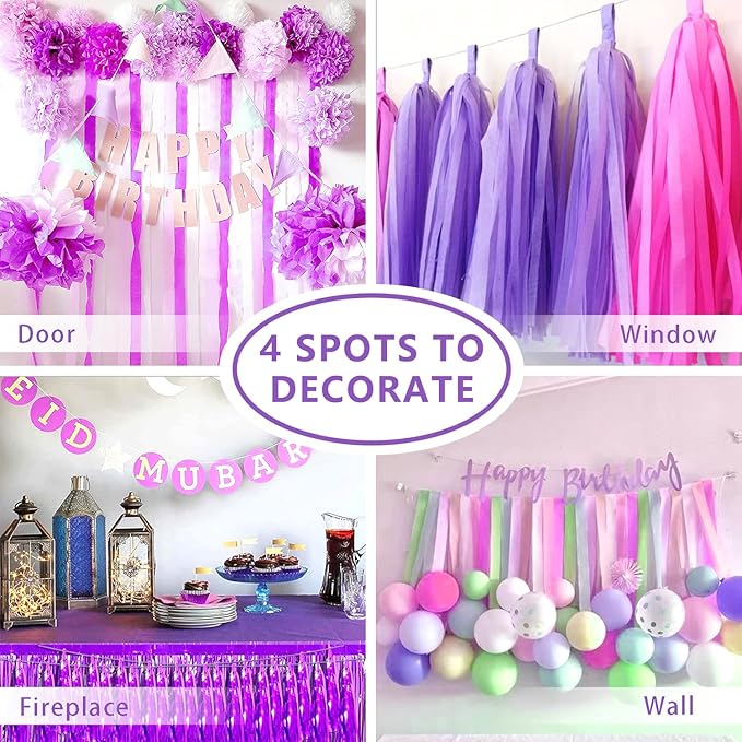 PIGETALE Crepe Paper Streamers 4 Rolls 328ft, Pack of Unique 3 Purple and White Party Streamer for Birthday Wedding Ceremony Baby Shower Party Decorations DIY Supplies Art Crafts (1.8Inch x 82Ft/Roll)