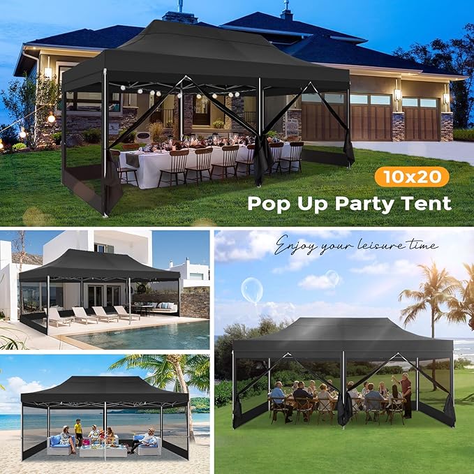 COBIZI 10x20 Heavy Duty Pop Up Canopy Tent with 6 Sidewalls, Easy Set Up Outdoor Waterproof Screen Commercial Party Tent with Mosquito Netting for Parties Backyard Patio, Roller Bag, Black