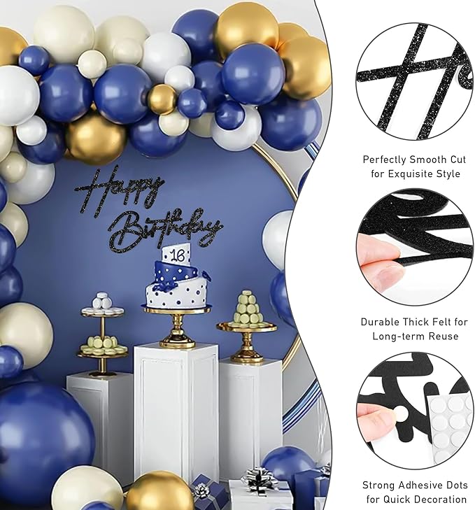 CANREVEL Happy Birthday Sign for Backdrop, Glitter Felt Black Happy Birthday Banner, Black Birthday Party Decorations for Girl Boy Women Men, Wall Decor Balloon Arch Photo Prop