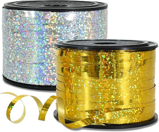 BEISHIDA 2 Pack 100 Yards Gold Silver Glitter Ribbon Balloon String Shiny Metallic for Gift Wrapping 2026 Happy New Year Graduation Retirement Birthday Party Decoration