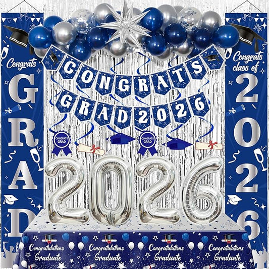 Graduation Decorations Class of 2026, Navy Blue and Silver Graduation Decorations, 2026 Graduation Party Decorations with Congrats GRAD 2026 Banner Tablecover Balloons for College High School Nursing