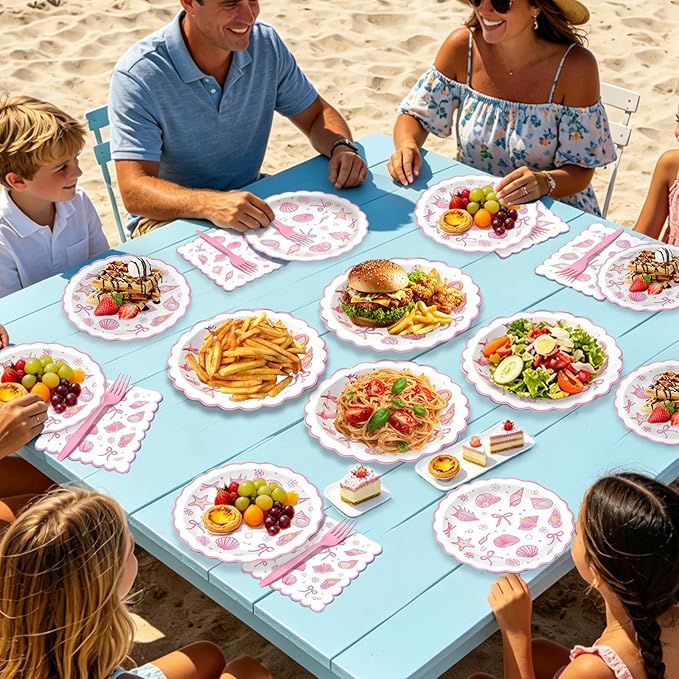96pcs Scalloped Coastal Party Supplies Tropical Pink Bow Starfish Seashell Plates and Napkins Tableware Set Ocean Theme Party Decorations for Summer Beach Wedding Birthday Bachelorette for 24 Guests