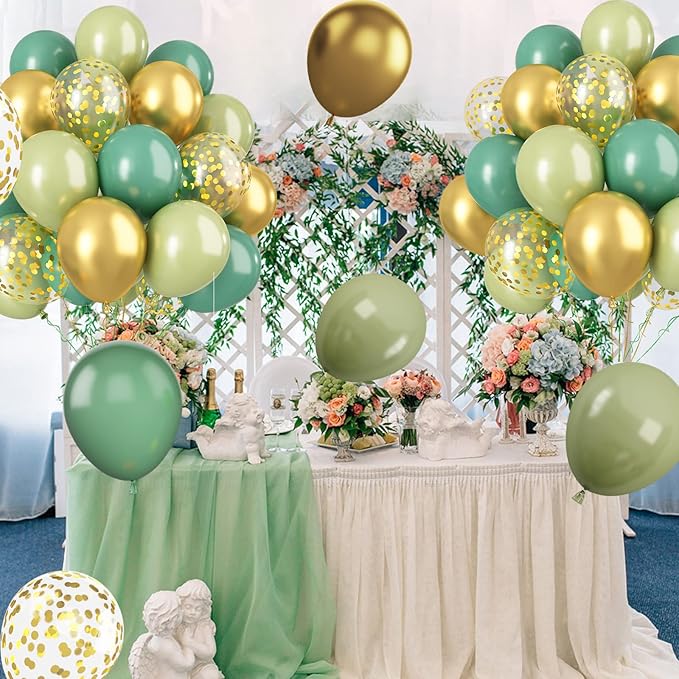 Paready Sage Green Gold Balloons, 60 Pcs 12 Inch Retro Green and Metallic Gold Confetti Balloons, Retro Avocado Party Balloons for Jungle Birthday Baby Shower Animal Wild Theme Decoration Wedding