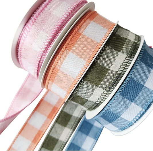 Meseey 7/8 Inch Pastel Plaid Wired Ribbon Set, 4 Rolls Total 40 Yards, Pink/Orange/Sage Green/Blue Buffalo Check Ribbon for Gift Wrapping, Wreath Making, Crafts, Baby Shower & Spring Decor