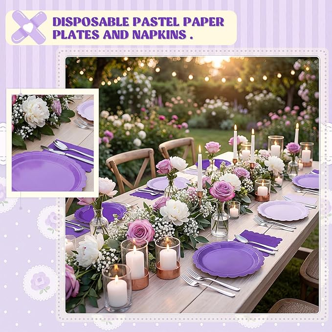 120 Pcs Paper Plates and Napkins Party Supplies Bulk Disposable 7 Inch Scalloped Plates Cocktail Napkins for Wedding Bridal Baby Shower Birthday Decorations, Serve 60(Purple Series)