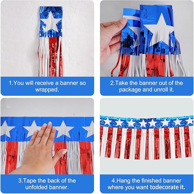 BEISHIDA 3 Packs Metallic Foil Fringe Garland Star Red White Blue Wall Hanging Tinsel Fringe Banners for Car Floats 4th of July Memorial Day Patriotic New Year Party Decoration(30 Feet)