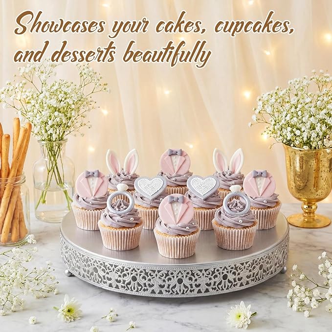 Wenqik 18 Inch Silver Cake Stand Set Metal Round Cupcake Dessert Stand with Cake Cutting, Spatula Wedding Cupcake Pastry Display Candy Holder Display for Wedding Party Birthday Baby Shower(Classic)