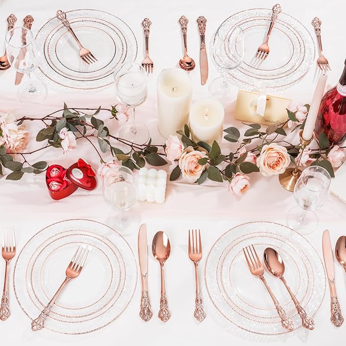 300PCS Rose Gold Plastic Silverware - Heavy Duty Elegant Disposable Utensils - Vintage Rose Gold Cutlery Set Includes 100 Forks, 100 Spoons, 100 Knives for Dinner Parties Weddings