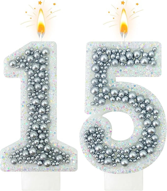 15 Birthday Number Candle for Cake, Glitter Number Candle with Silver Beads, Decorative Cake Topper for Milestone Celebrations