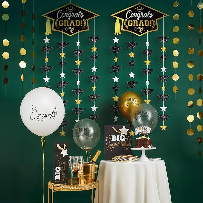 Graduation Decorations 2026, Black and Gold Graduation Cap Garland - Pack Of 2, No DIY | Congrats Grad Garlands for Graduation Cap Decoration | Graduation Party Decorations 2026, KatchOn