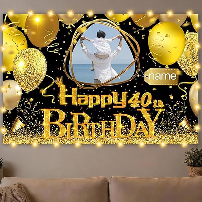 Dicodes Custom Black Gold Theme Birthday Banner for Party Happy Birthday Backdrop Decoration Supplies Personalized with Name and Photo