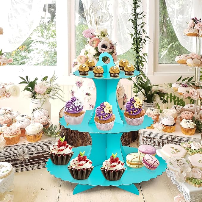 Soleebee 3-Tier Cupcake Stand, Cardboard Cupcake Tower, Dessert Cup Cake Stand Tower for Birthday Wedding Party Decoration, Cupcake Tier Stand 1 Set (Blue)
