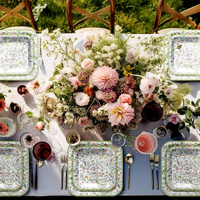 Umigy 100 Pcs Paper Plates Flower Dinner 9'' Floral Disposable Paper Plates 7'' Square Dessert Set for Dinner Birthday Wedding Baby Shower Party Tableware(Green,Wildflower)